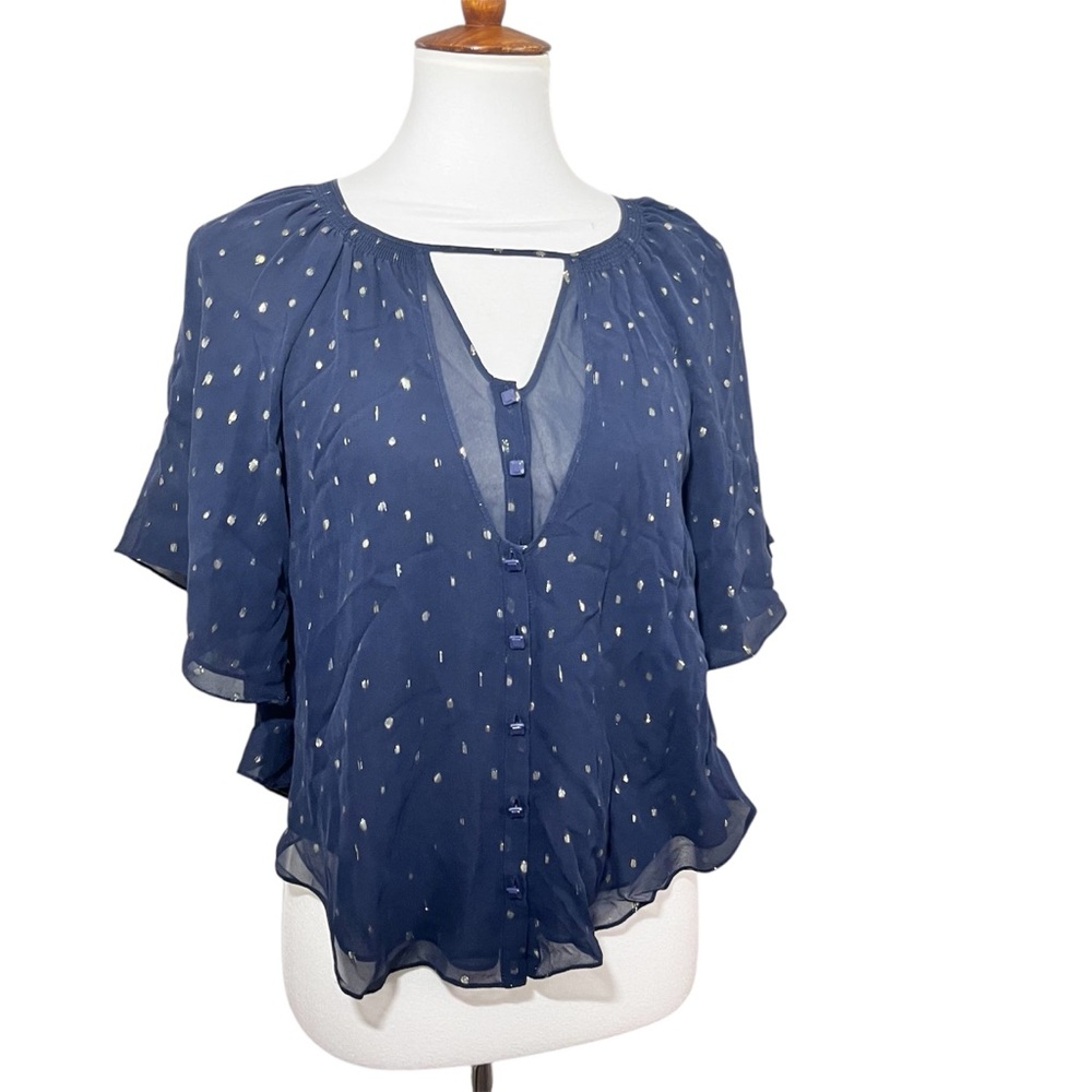 Anthropologie Leifsdottir Asena Blouse Womens Size 2 Navy Gold Silk Blend